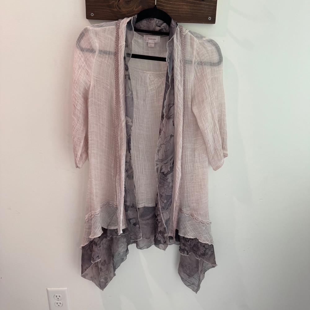 Kamana Womens Sheer Open Front Kimono Cardigan Pink Grey Floral Lace Trim Small